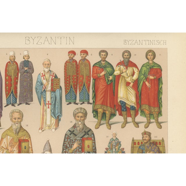 Cream Racinet, Byzantine Costume Study: Imperial & Clerical Dress, 1888, Chromolithograph For Sale - Image 8 of 10