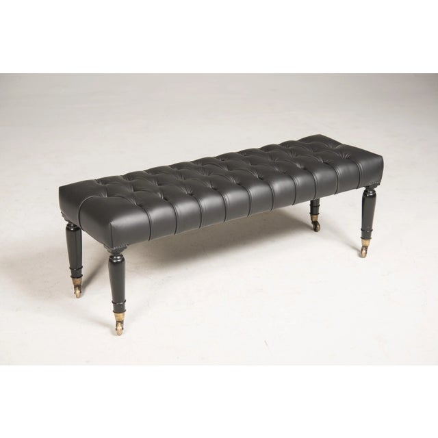 Mid-19th Century Brass Wheeled Black Leather and Ebonized Wood Bench, 1950s For Sale - Image 3 of 11