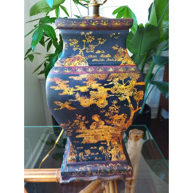 Black Late 20th Century Frederick Cooper Attributed Chinoiserie Lamp With Silk Pagoda Shade For Sale - Image 8 of 10
