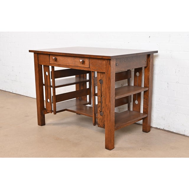 Early 20th Century Stickley Brothers Style Antique Mission Oak Arts & Crafts Desk With Built-In Bookcases, Newly Refinished For Sale - Image 5 of 12