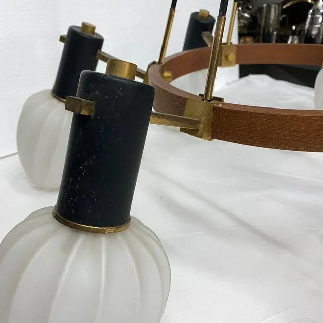 1960s 1960s Stilnovo Style Mid-Century Modern Brass Teak and Glass Italian Chandelier For Sale - Image 5 of 12