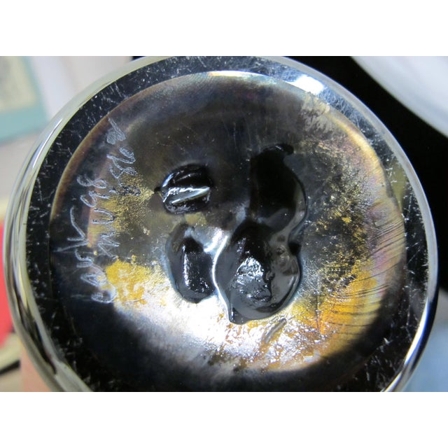 Donald Carlson Iridescent Blue Splatter Studio Art Glass Trumpet Vase For Sale - Image 10 of 11