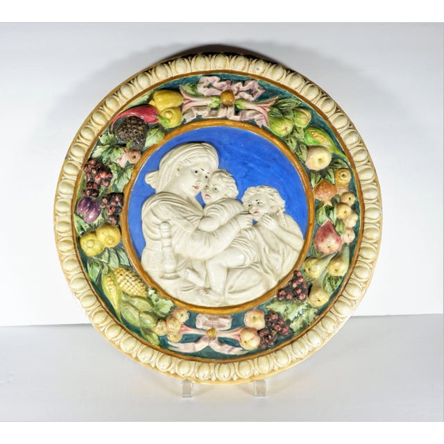 Ceramic Large Vintage Round Italian Pottery Madonna and Child Plaque For Sale - Image 7 of 7