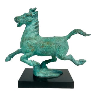 1930 Vintage Chinoiserie Verdigris Bronze “Flying Horse” Sculpture. For Sale