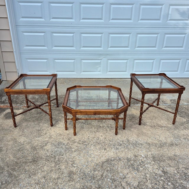 Mid-20th Century Vintage Lane Faux Bamboo Wood & Glass Side End Tables, a Pair For Sale - Image 11 of 13