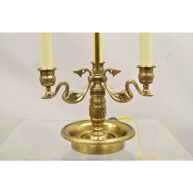 Traditional Vintage Regency Style Brass Candlestick Bouillotte Desk Table Lamp W/ Swans (A) For Sale - Image 3 of 11