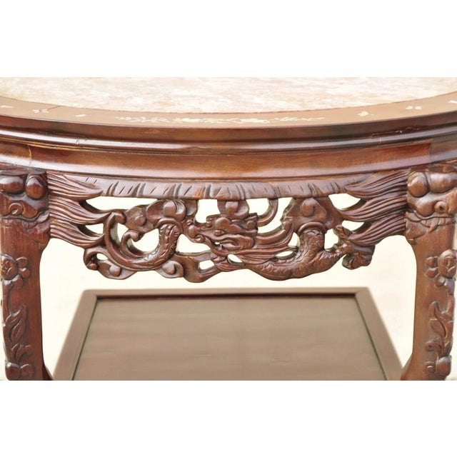 Chinoiserie Vintage Oriental Chinese Carved Hardwood Demilune Marble Top Console Hall Table For Sale - Image 3 of 11