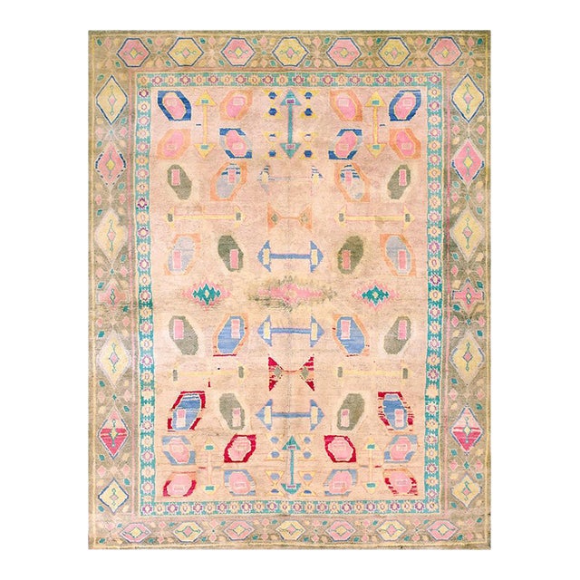 1930s Beige Geometric Tribal Antique Indian Cotton Agra Rug 6'2" X 8' Handknotted Wool Carpet For Sale