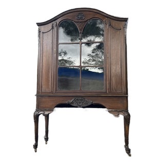 Antique French Provincial Walnut Display Cabinet With Carved Details For Sale