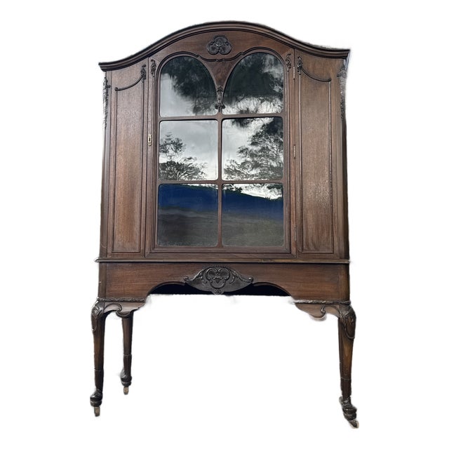 Antique French Provincial Walnut Display Cabinet With Carved Details For Sale