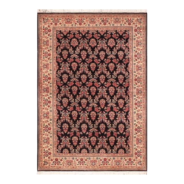 Floral 1990's Pak-Persian Black/Ivory Wool Rug - 6'0'' X 8'11'' For Sale
