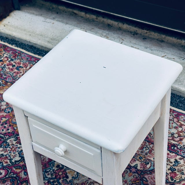 Early 20th Century Antique Distressed White Painted Splayed Leg Tall Nightstand With Single Drawer For Sale - Image 5 of 12