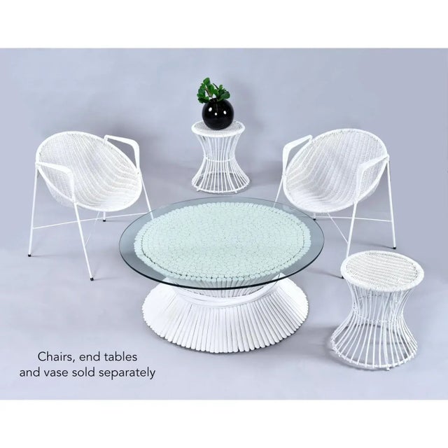 1980s McGuire Coastal White Rattan Wheat Sheaf Coffee Table With Round Glass For Sale - Image 5 of 13