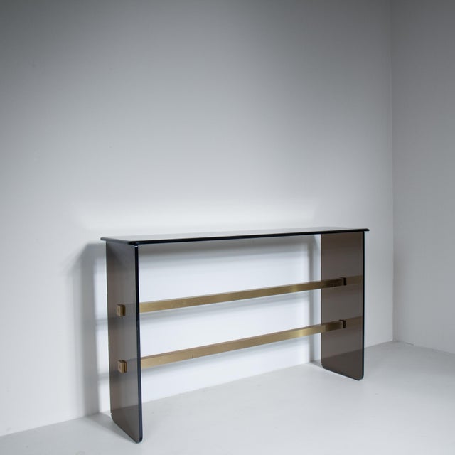 Console Table in Smoked Glass with Cut Mirror, 1970, Set of 2 For Sale - Image 4 of 13