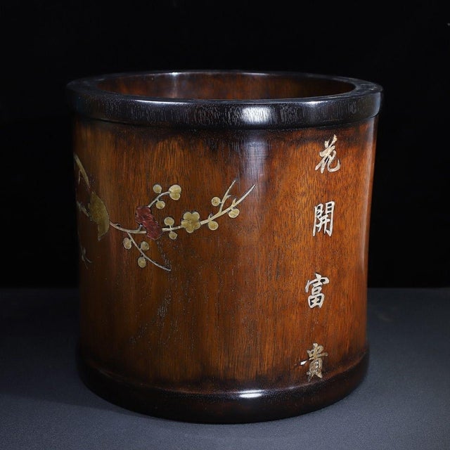 Late 20th Century Large Hardwood Brush Pot With Mother-of-Pearl Inlay and Calligraphy For Sale In Los Angeles - Image 6 of 9