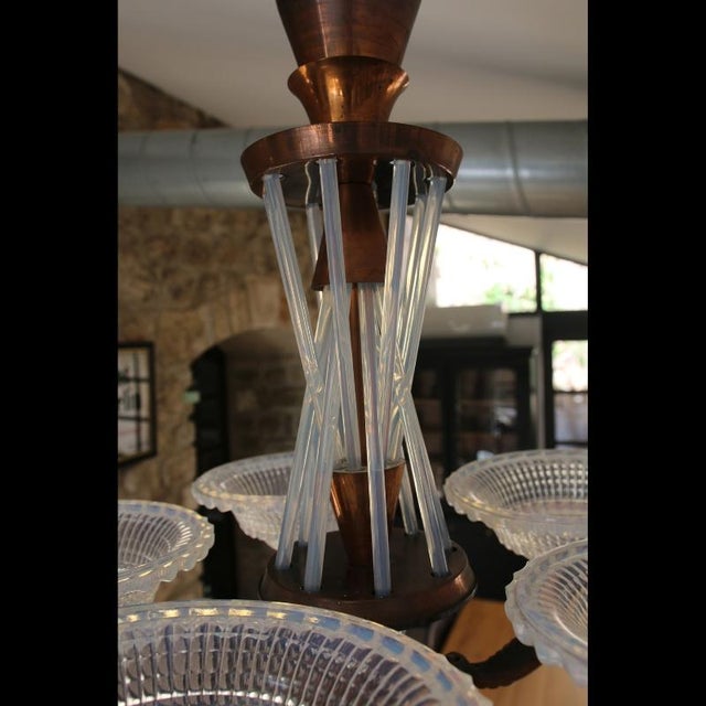 Orange French Art Deco Chandelier in Opalescent Glass and Copper by Ezan-Petitot, 1930s For Sale - Image 8 of 18