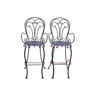 Woodard Scrolled Black Iron Bar Stools - A Pair For Sale