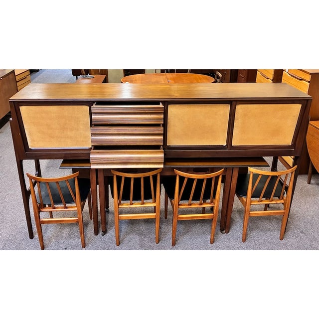 Mid 20th Century Iconic European Mid Century Modern Teak & Wicker Nesting Dining Suite W/ Credenza, Dining Table & Four Chairs c.1960 For Sale - Image 5 of 18