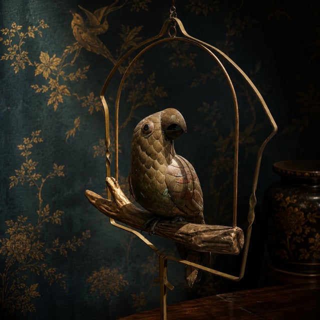 Metal Vintage Brass & Copper Parrot on Perch With Stand & Hoop, Attributed to S. Bustamonte For Sale - Image 7 of 10
