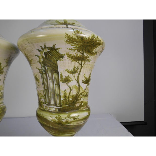 Early Marbro Urn Lamps With Green Painted Roman Ruins - a Pair For Sale - Image 10 of 13