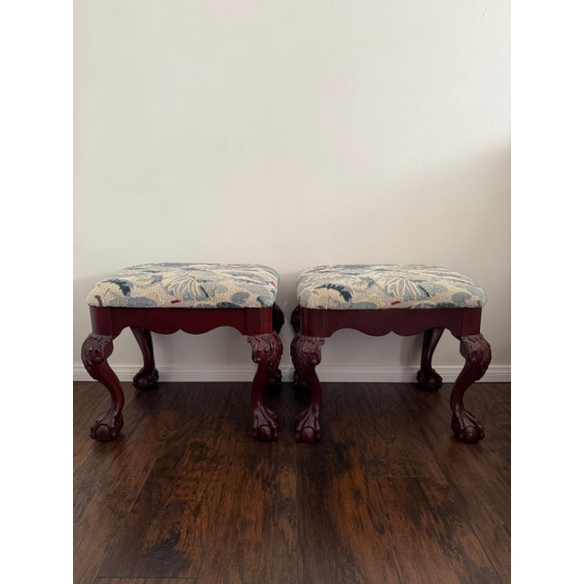 The House of Scalamandre Late 20th Century Scalamandre Ninfee Lily Pad Upholstered Ball & Claw Chippendale Foot Stools For Sale - Image 4 of 6
