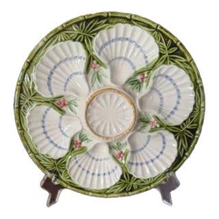 Antique French Circa 1890 Saint Clement Bamboo Pattern Majolica Oyster Plate For Sale