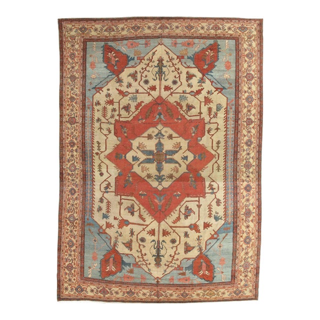 Antique Persian Serapi Carpet, Handmade, Oriental Rug, Rust, Ivory, Light Blue For Sale