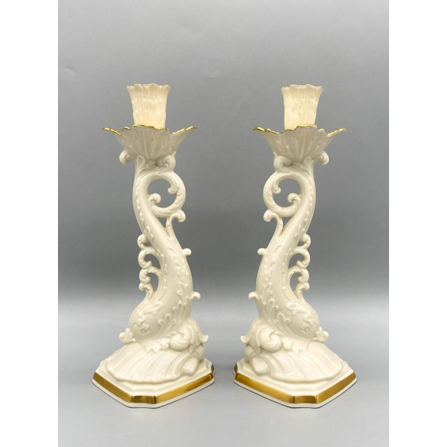 Hollywood Regency 20th C. Lenox Cream & Gold Dolphin Candlesticks – A Pair – Coastal Glam For Sale - Image 3 of 13