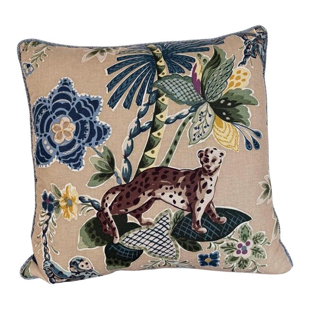 Designer Linen Throw Pillow in Exotic “Braganza” Jungle Print With Leopard Motif For Sale