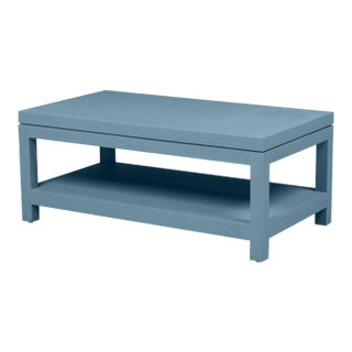 Custom Modern Style Coffee Table Wrapped in Raffia. The Name of This Paint Is "Reflection of the Sea." For Sale