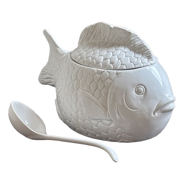 Vintage Hand Painted Ceramic Fish Tureen & Ladel For Sale