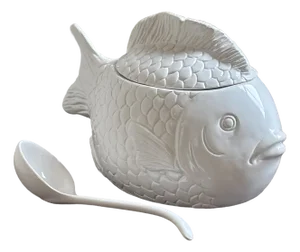 Vintage Hand Painted Ceramic Fish Tureen & Ladel