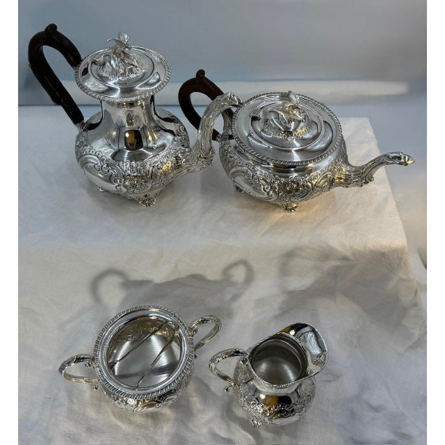 Art Nouveau Robert & Belk, Sheffield, England Antique Art Nouveau Sterling Silver Coffee Pot, Tea Pot and Sugar & Creamer Set With Rare Repousse Ornamentation For Sale - Image 3 of 12