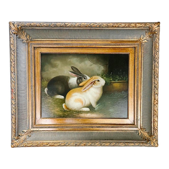 Late 20th C. Oil on Canvas Painting of Dutch Bunny Rabbits by H. Hagel Chairish