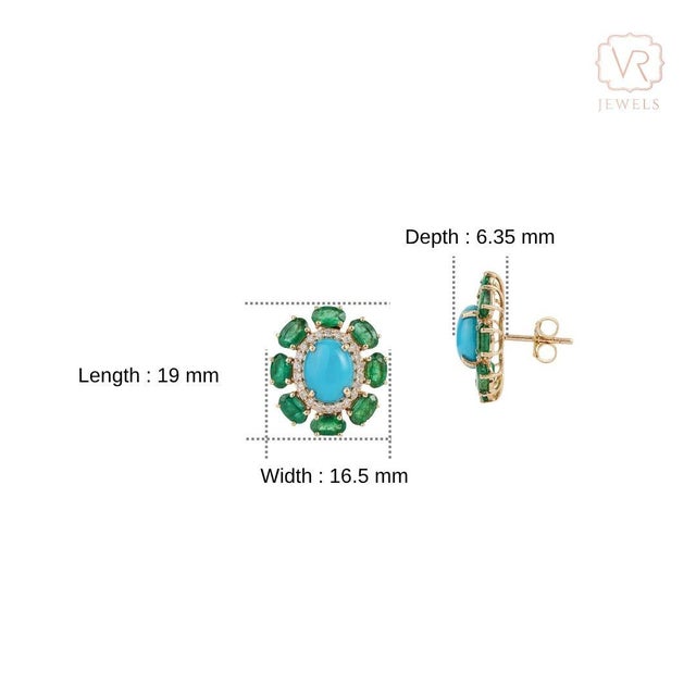 Retro 6.53ct Turquoise Emerald & Diamond Floral Stud Earrings in 14k Gold- 2 Pieces For Sale - Image 11 of 16