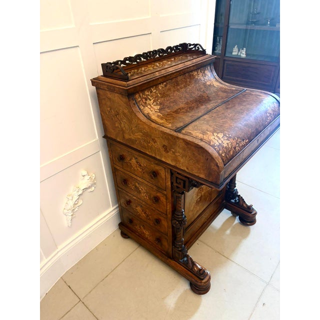 Antique Victorian Burr Walnut Floral Marquetry Piano Top Davenport Desk, 1850 For Sale - Image 4 of 18