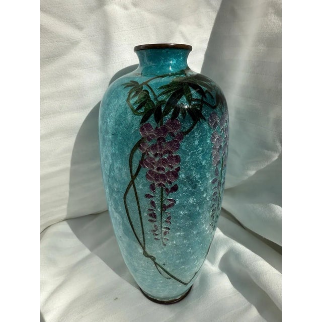 Japanese Cloisonne Enamel Vase Wisteria Ice Blue Ground 7 in Antique Meiji Era For Sale - Image 4 of 14