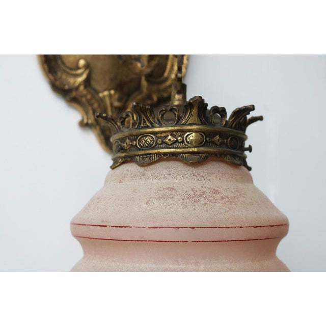 Antique Gothic Revival Bronze Dragon or Griffin Wall Sconce with Pink Glass Shade, Early 20th Century For Sale - Image 5 of 16