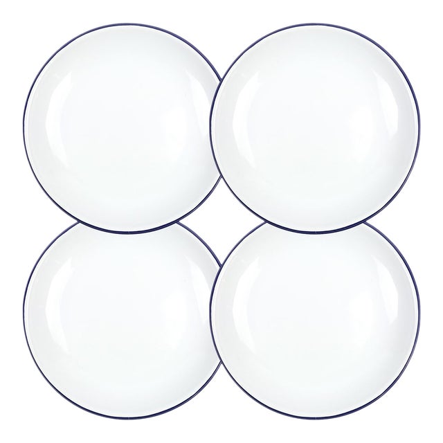 Crow Canyon Home Enamelware, Vintage 8.25" Coupe Salad Plates in White with Blue Rim - Set of 4 For Sale
