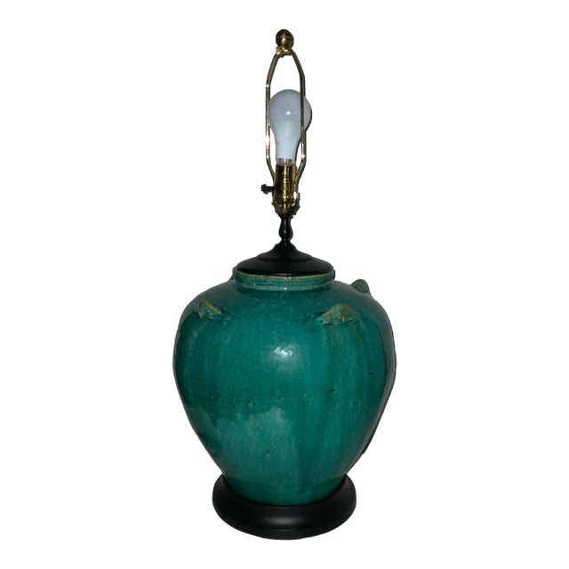 Mid 20th Century Large Turquoise Ceramic Pot Lamp For Sale