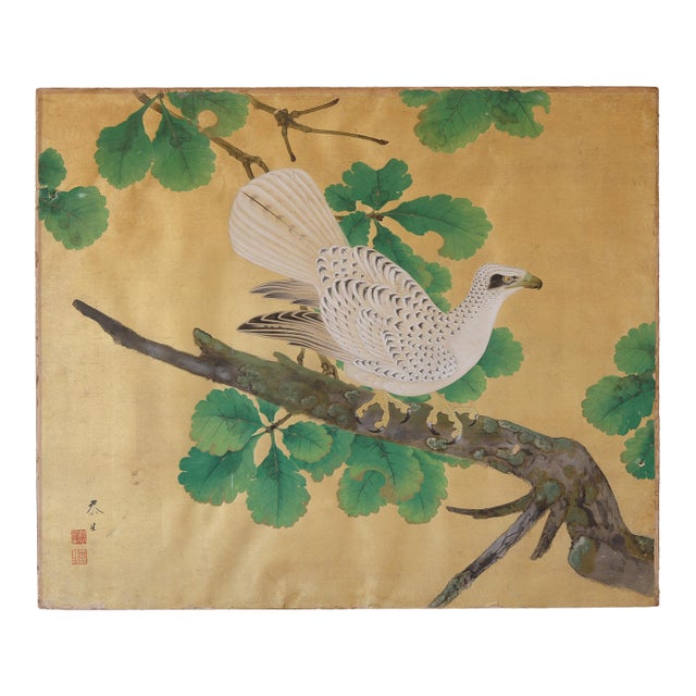 Japanese 18th Century Edo Period White Eagle Painting on Gold Paper For Sale