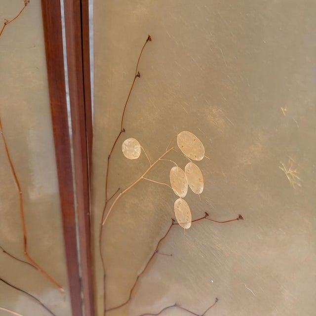 For your consideration, a vintage Japanese four-panel folding floor screen featuring real embedded natural elements. It...