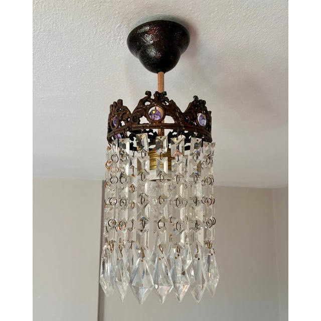 Small Vintage Crystal Chandelier – Bronze Filigree Crown & Amethyst Glass Accents For Sale - Image 18 of 18