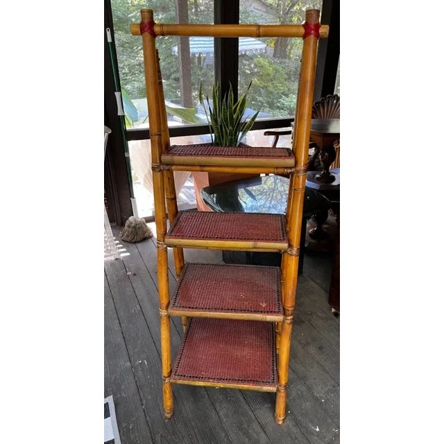 Mid-Century Century Bamboo and Rattan Folding Four Step (Tier) Bookcase or Display Shelf Vintage folding bamboo step shelf...
