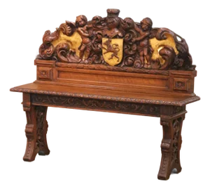 19th C. French Renaissance Carved Oak and Gilt Hall Bench With Heraldic Crest