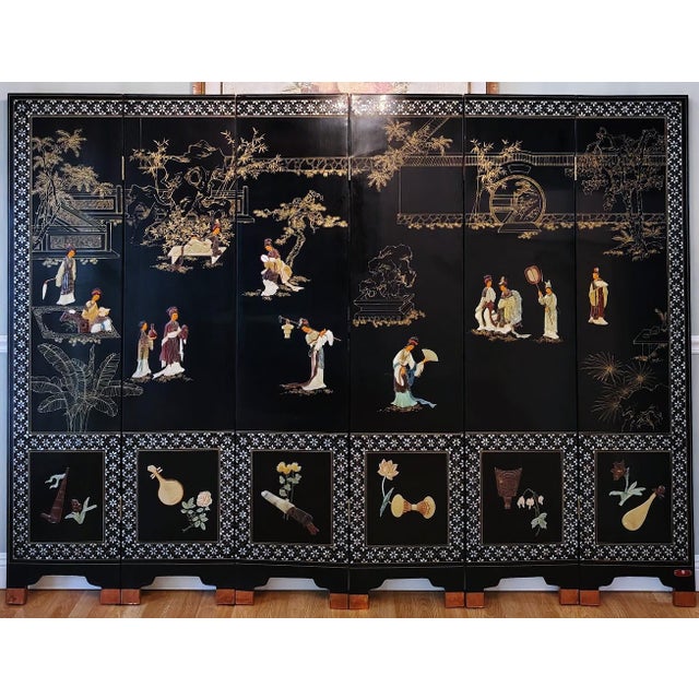 Chinese Mid 20th Century Chinese Export Six Panel Carved Soapstone Coromandel Screen For Sale - Image 3 of 18