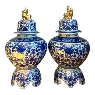 Vintage Blue and White Ceramic Lidded Jars - Pair For Sale