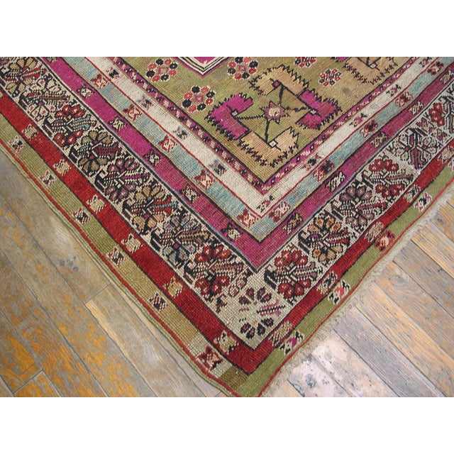 1850s Green Pink Medallion Antique Turkish Anatolian Melas Prayer Rug 4 X 6' Knotted Wool Carpet For Sale - Image 4 of 4