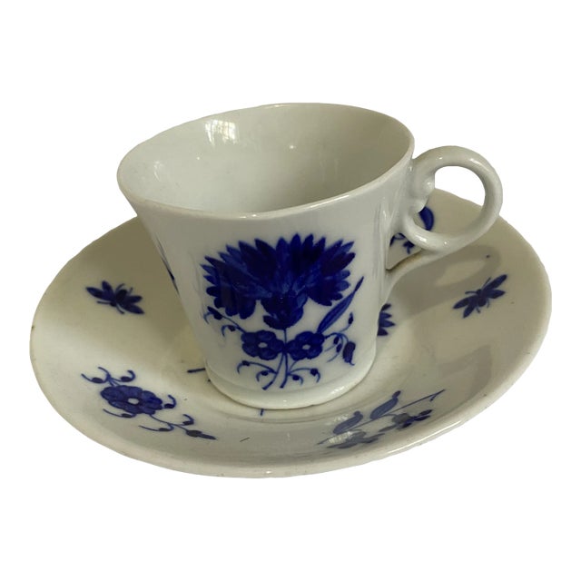 19th Century Blue and White Worcester Fine Porcelain Cup and Saucer Set- 2 Pieces For Sale
