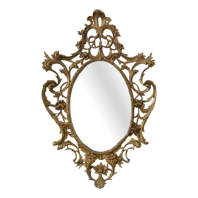 20th Century Rococo Gilt Metal Oval Mirror, Italy, 1950s For Sale